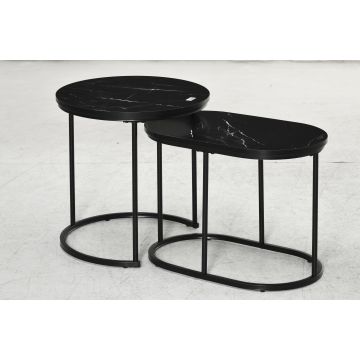 Set 2 Masute de Cafea cu Blat cu Efect de Marmura din MDF si Otel Negru