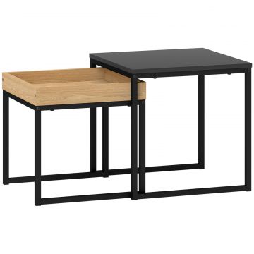 Set 2 Masute de Cafea Moderne cu Picioare in Forma de U, Masute de Sufragerie din Lemn si Otel, 40x40x40 cm, Negru