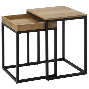 Set 2 masute de cafea suprapozabile, blat din PAL si cadru metalic, 55x40x45 cm, maro natur