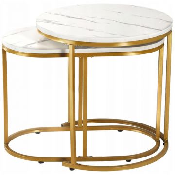 Set 2 mese cafea cadru otel blat mdf model marmura, 50x50x50 cm si 60x32x44 cm, alb auriu