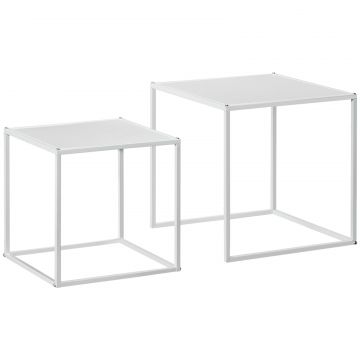 Set de 2 masute de cafea patrate stivuibile, masute laterale si de living din otel, alb