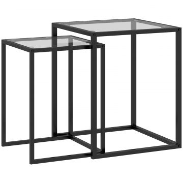 Set de 2 Mese Moderne Suprapuse Economie de Spatiu din Otel si Sticla Temperata, Negru