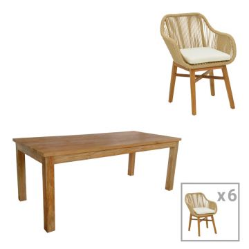 Set dining Kalie-Wooly, 7 piese, Bej-Natural, 220x90x75 cm