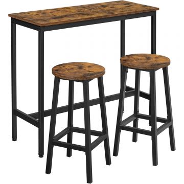 Set masa bar cu 2 scaune rotunde, cadru metalic, stil industrial, 100x40x90 cm, maro rustic