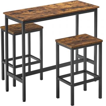 Set masa de bar cu 2 scaune, cadru din otel, blat lemn, design industrial, 100x40x90cm, maro rustic si negru