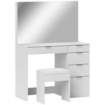 Set Masa de Toaleta cu Oglinda si 5 Sertare 97,2x44,5x136,5 cm si Taburet Captusit 40x24x46 cm, Alb