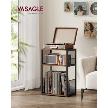 Suport pentru pick-up, Vasagle, spatiu depozitare pana la 100 discuri, 43x30x69 cm, maro rustic