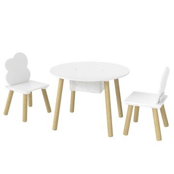 AIYAPLAY Masă pentru copii cu scaune și spațiu de depozitare, set de mobilier pentru copii 3 piese în alb și natural pentru camera de joacă și dormitor | Aosom Romania