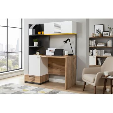 Birou, Hanah Home, Relax, 130x160x60 cm, PAL, Alb / Antracit / Galben / Maro