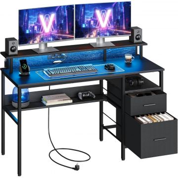 Birou Vasagle Negru, LED, 2 USB-A, 55 x 135 x 90 cm