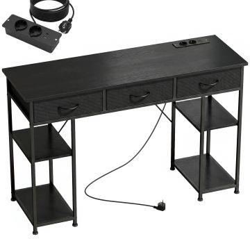 HOMCOM Birou cu spațiu de depozitare cu prize electrice, 3 sertare din material textil și 4 polițe de depozitare, 120 x 40 x 76 cm, negru | Aosom Romania