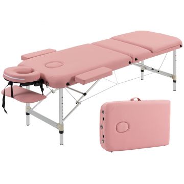 HOMCOM Masă de masaj pliabilă din aluminiu cu înălțime reglabilă, 3 zone, pernă pentru cap detașabilă, geantă de transport, roz | Aosom Romania