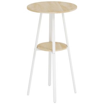 HOMCOM Masă Înaltă Rotundă cu Raft, Masă Modernă pentru Bucătărie sau Dining, PAL, Metal, Lemn Natural și Alb | Aosom Romania