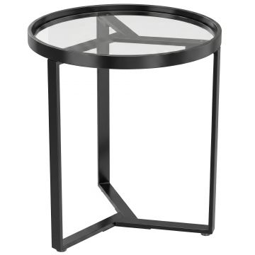 HOMCOM Măsuță laterală rotundă cu blat din sticlă securizată și structură metalică geometrică pentru spații mici, Negru | Aosom Romania