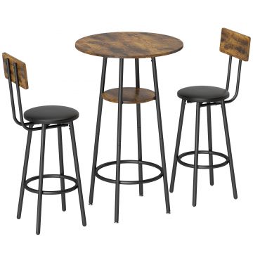 HOMCOM Set masă înaltă industrial cu 2 taburete tapițate, suporturi pentru picioare, cadru metalic, masă de bucătărie cu raft, Maro rustic | Aosom Romania