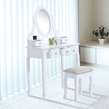 HomCom Tavolo da Trucco Mobile da Toletta Specchiera con Sgabello Specchio Girevole in Legno Bianco