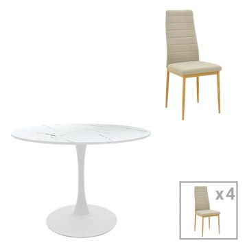 Masa de dining cu set de 5 piese Balou-Parker, și metal, Alb-Bej, 120x73 cm