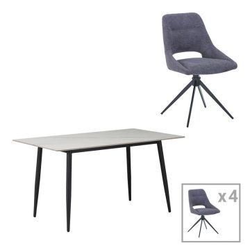 Masa de dining Gustas-Luciano I set de 5 piese marmura Alb piatra sinterizata-metal, negru, 120x60x75 cm