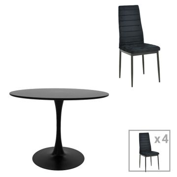 Masa de dining set 5 piese Balou-Parker, Negru, metal și Lemn, D120x73 cm