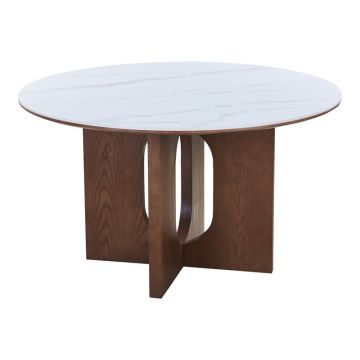 Masă dining Merge, alb marmorat/nuc, D130x75 cm
