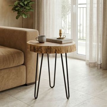 Tripp I Măsuță laterală solid acacia lemn Natural-picioare metalice negre D41χ45cm, 41x41x45 cm
