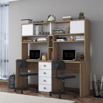 Birou, Hanah Home, HA130, 180x166.3x50 cm, PAL MELAMINAT CALITATE E1, Nuc/Alb