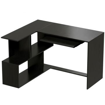 HOMCOM Birou de Colț, 120 x 100 x 76 cm, Birou pentru Calculator în L cu Suport pentru Tastatură, 4 Compartimente Deschise, Negru | Aosom Romania