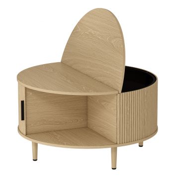 HOMCOM Masă de cafea rotundă 80 cm cu blat rabatabil și depozitare ascunsă, ușă glisantă canelată, lemn natural | Aosom Romania