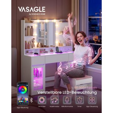 Masa machiaj cu LED, prize si blat de sticla, Kailyn, Alb, 107x40x144.5 cm