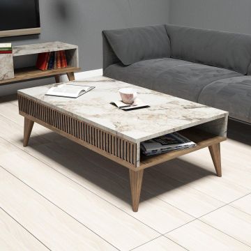 Masuta de cafea Milan - Walnut, White Marble, Nuc, 105x35x60 cm - Nuc