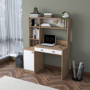 Set birou si biblioteca, Hanah Home, HA126, 115x146x50 cm, PAL MELAMINAT CALITATE E1, Nuc/Alb