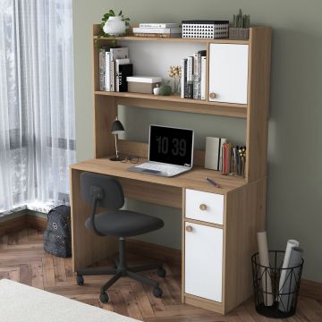 Set birou si biblioteca, Hanah Home, HA127, 120x166x50 cm, PAL MELAMINAT CALITATE E1, Nuc/Alb