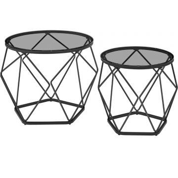 Set de 2 mese de cafea rotunde, cadru otel si blat detasabil din sticla, 40cm si 50cm, negru