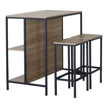 Set Masă si 2 Scaune bar Bailon, stejar/negru, 100x60x95 cm