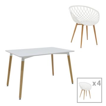 Set Masă si 4 Scaune Ezra-Natali, alb/natural, 120x80x76 cm
