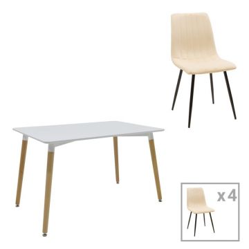Set Masă si 4 Scaune Natali-Noor, alb/bej/natural, 120x80x76 cm
