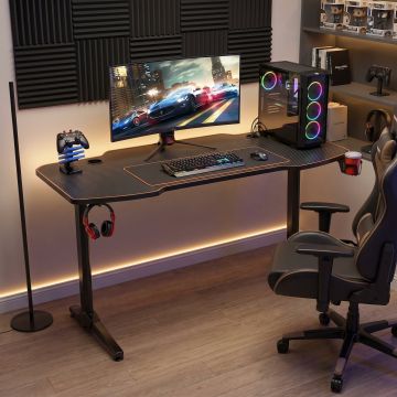 Birou Gaming RGT146X Home Collection® Carbon Series X9, suprafata carbon, mousepad, USB gamepad holder, suport pentru casti si pahar, cutie cabluri, 140x66x75 cm - Negru