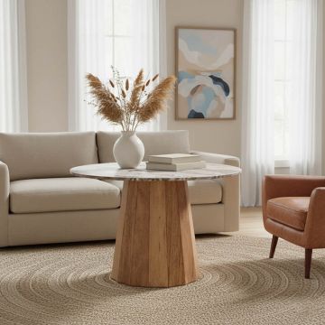 Masa cu blat de marmura Ezerdian, Lemn de Acacia, Natur, D150x76 cm - Natur
