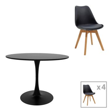 Masă de sufragerie Gaston-Balou set de 5 piese -mdf, negru-Natural, D100x75 cm - Negru