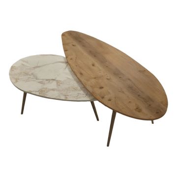 Set masa de cafea 2 piese Monty, Lemn și Imitatie Marmura, Natural-Bej, 116x46x46 cm - Natur