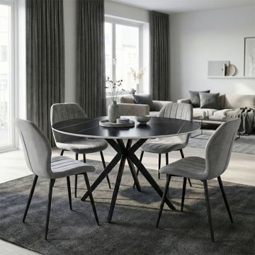 Set mobilier de sufragerie cu Scaune Gri Jelour și Masă Rotundă Neagră Orbital, Metal și Lemn, D120x H76, Set 5 Piese, 120x120x76 cm - Multicolor