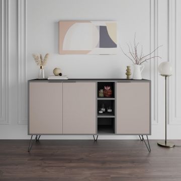 Consola Hakan cu 3 usi si rafturi, Gri, 142 x 83 x 36 cm - Crem