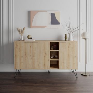 Consola Hakan cu 3 usi si rafturi, Gri, 142 x 83 x 36 cm - Stejar