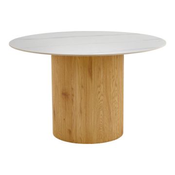 Masă de sufragerie Sikulu, Aspect travertin, Bej - Stejar, D125x77 cm - Stejar