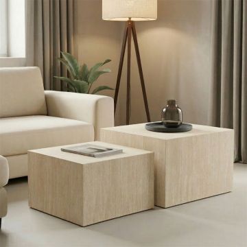 Set 2 masute de cafea Coffina din MDF, efect travertin, 58x58x40 cm - Travertine