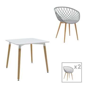 Set de 3 buc mese Ezra Natali, MDF gri alb cu picioare Naturale, 80x80x76 cm - Alb