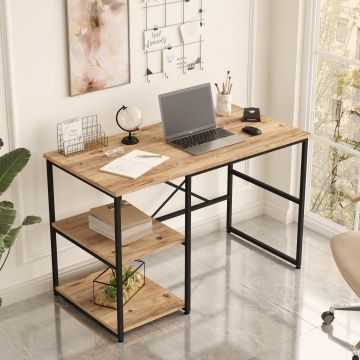 Birou Dario cadru metal cu rafturi Stanga, Negru -Stejar, 120 x 75 x 60 cm - Stejar