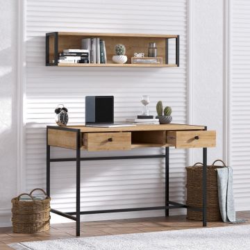 Birou Pena cu Biblioteca, Stejar - Negru, 100 x 72 x 60 cm - Lemn Natural