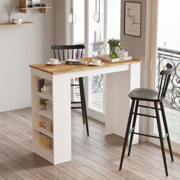 Masa Bucatarie Bar multifunctionala Wallo, Gri - Stejar - Alb - Negru, 120 x 102 x 52 cm - Lemn Natural
