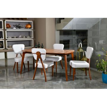 Masă cu scaune 5 bucăți Tia Wooden, Nuc - Crem, 47x45x92 cm - Nuc - Crem